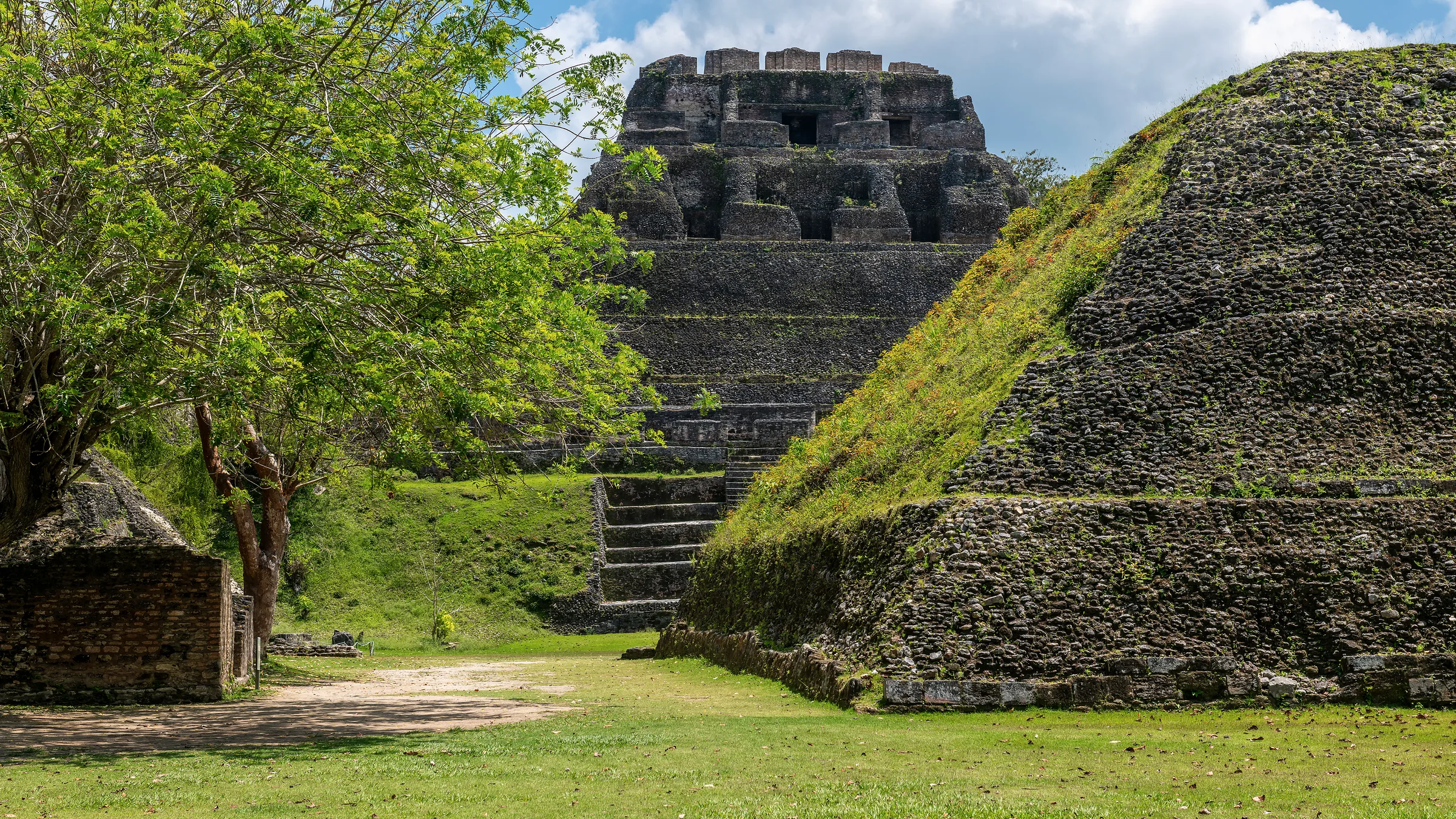 Templo de El Castillo en Xunantunich, entre árboles y estructuras de piedra cubiertas de hierba.